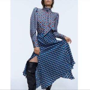 Zara GUC Asymmetric Hem Geometric Print Midi Skirt Size S Small Good Condition